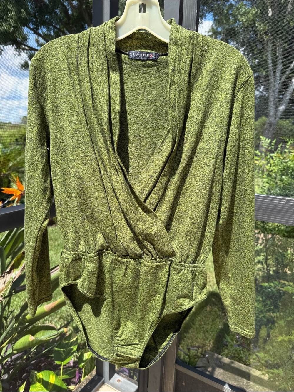 Claude Olive Green Wrap-Front Long-Sleeve Bodysuit